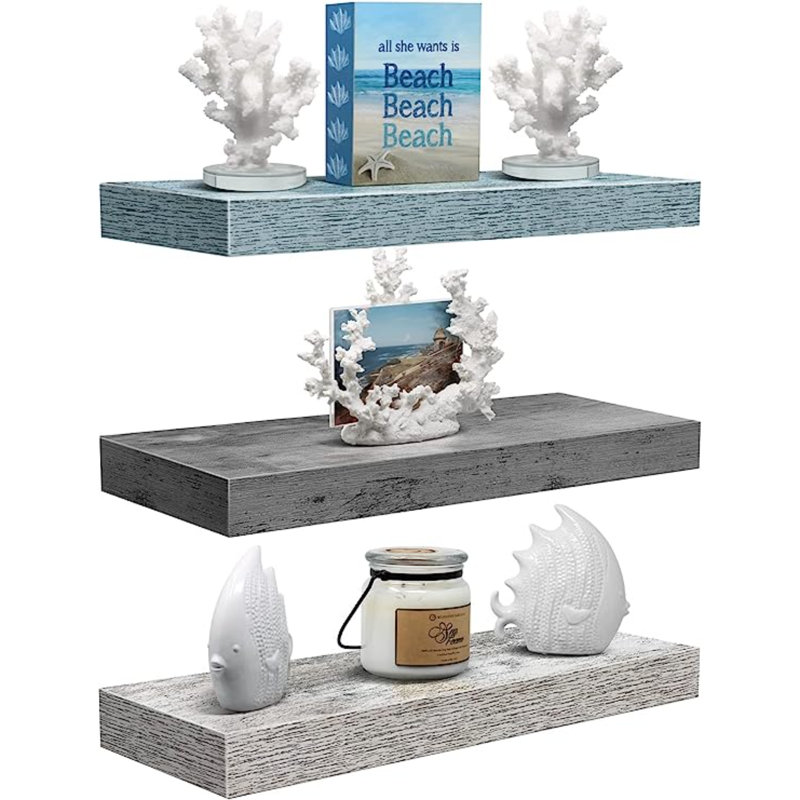 Ancasta 3 Piece Floating Shelf, Blue/White/Gray