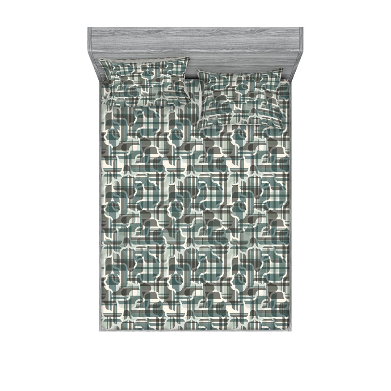 Drap-housse et taies décoratives 3 pièces Ambesonne, Bleu cadet / motif géométrique gris taupe