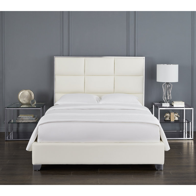 Glasser Upholstered Metal Platform Bed, White, King
