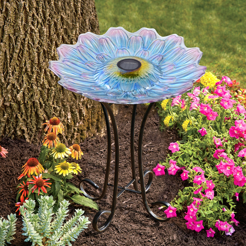Solar Blue and Purple Glass Flower Bird Bath with Metal Stand