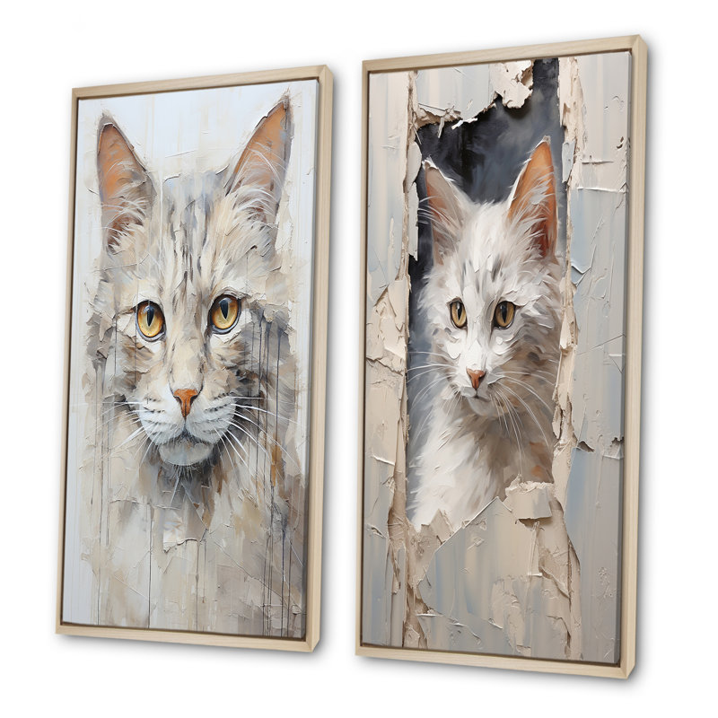 Minimalisme, chat beige, ensemble de 2 reproductions d'art mural, Cadre flottant brun, H 40 po x l 41 po