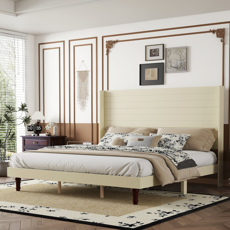 Stylish High Headboard Bed With High Headboard, Comfortable High Back Design For Reading And Relaxing, Beige, King