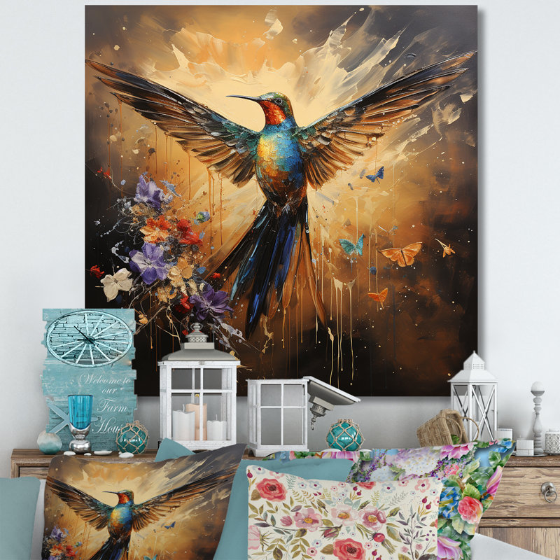 Colibri à plumes, flamme 2 - Art mural colibri, Toile tendue, H 36 po x l 36 po