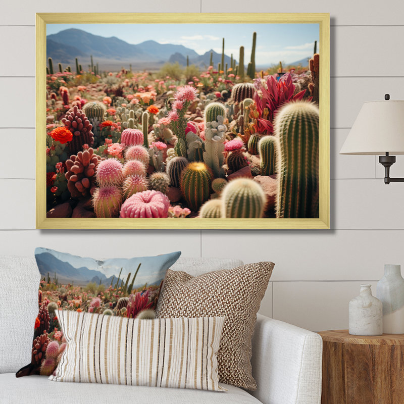 Cactus vert et rose II - impression, Cadre doré simple, H 30 po x l 40 po x P 1,5 po