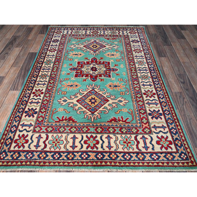 4'x5'10" Aqua Green, Kazak with Tribal Medallions Design, Vegetable Dyes, Denser Weave, Soft and Vibrant Wool, Hand Knotted, Oriental Rug