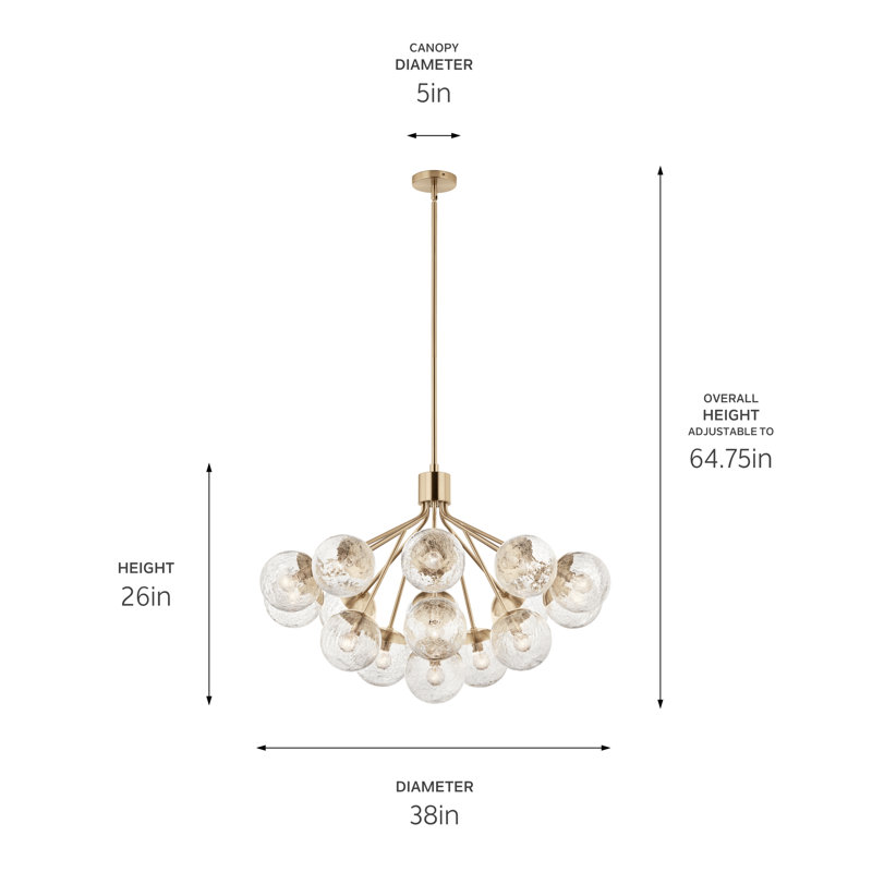 Steel Dimmable Globe Chandelier, Bronze, 26" H x 38" W x 38" D, 16