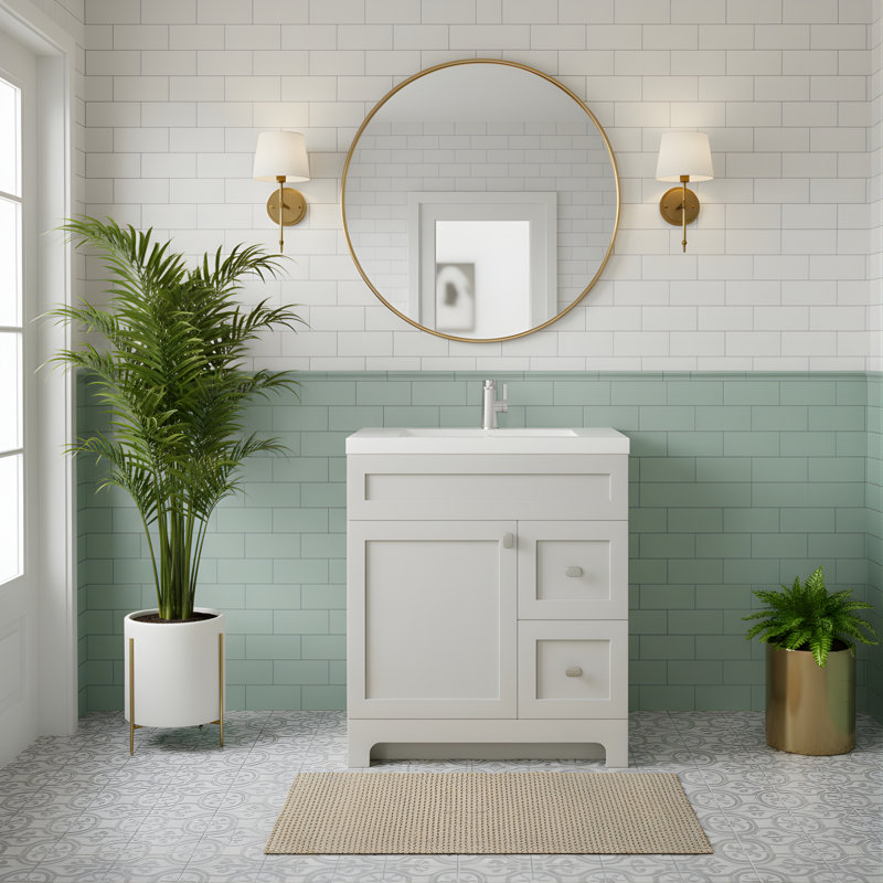 Meuble-lavabo autoportant avec plateau en marbre de culture et lavabo intégré Daisy, Gris saule, 30"