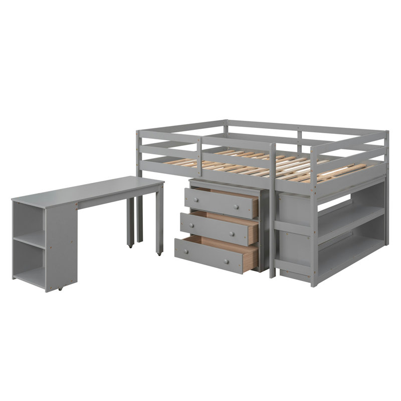Lit mezzanine double bas avec cabinet, tablettes et bureau portatif à roulettes, lit multifonctionnel - gris