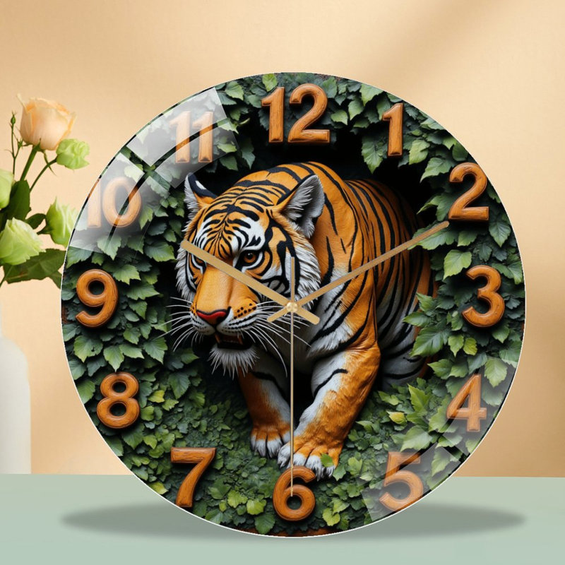 Tiger Round Wall Clock with Lifelike Design And Greenery Art - 12'' Modern Glass Wall Clock