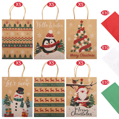 Sacs-cadeaux de Noël avec papier de soie, 30 sacs d'emballage de Noël avec poignées