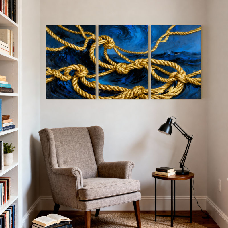 «Golden Rope Knots On Blue Ocean Waves», ensemble de 3 impressions sur toile, H 24 po x l 48 po