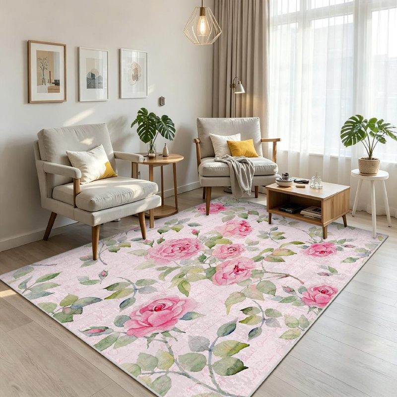 Pink Colorful Vintage Floral Ornament Rose Watercolor Seamless English Machine Washable Indoor Area Rug, Rectangle 79" x 118"