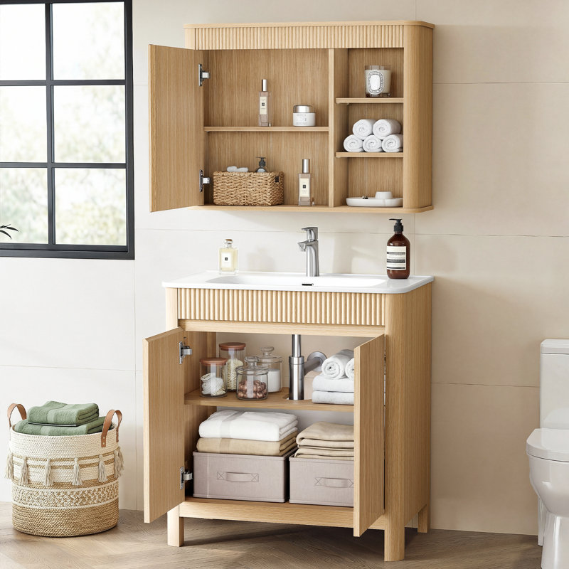 Fredson 30" Single Freestanding Bathroom Vanity Set with Medicine Cabinet,Solid Wood Legs, Soft-Close Doors & Interior Adjustable Storage, Easy Assembly, Natural Oak