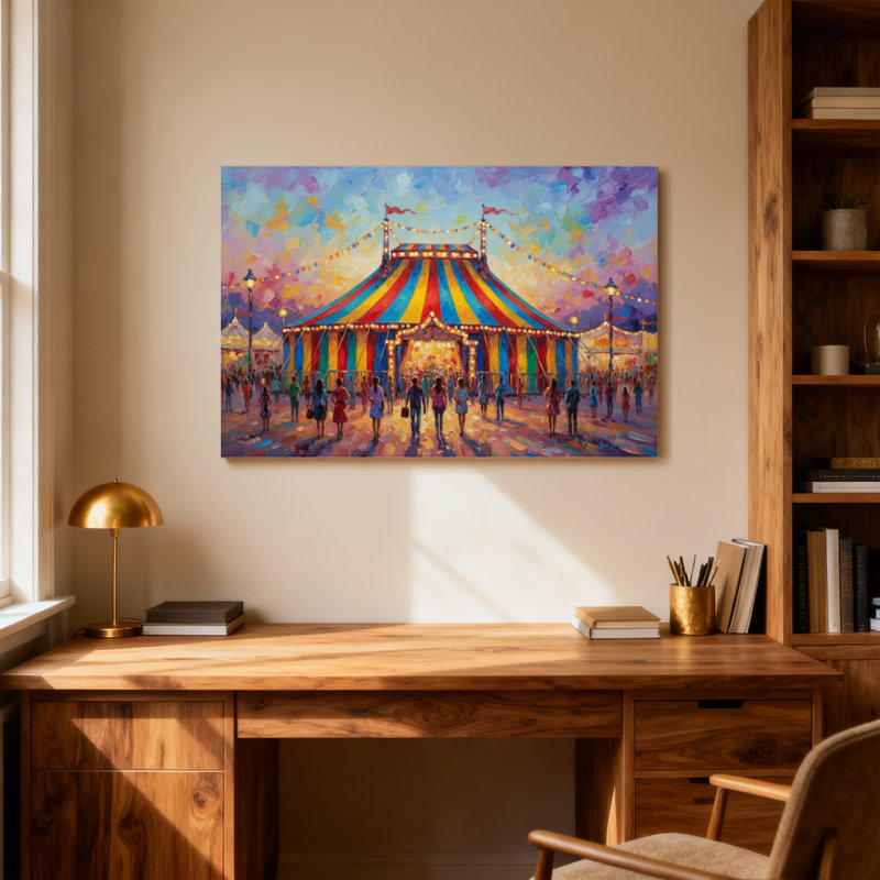 Paysage et nature, tente de cirque colorée avec des gens qui se rassemblent, H 16 po x l 24 po