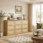Commode à 9 tiroirs avec façade en rotin, grande commode en panneaux de particules pour un rangement moderne dans la chambre, le salon et l'entrée.