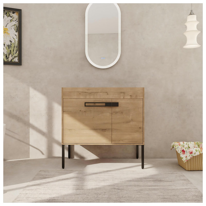 Meuble-lavabo moderne de 36 pouces au fini imitation chêne - option de conversion autoportante ou flottante avec porte à fermeture en douceur, base de meuble-lavabo en contreplaqué seulement (lavabo non inclus)