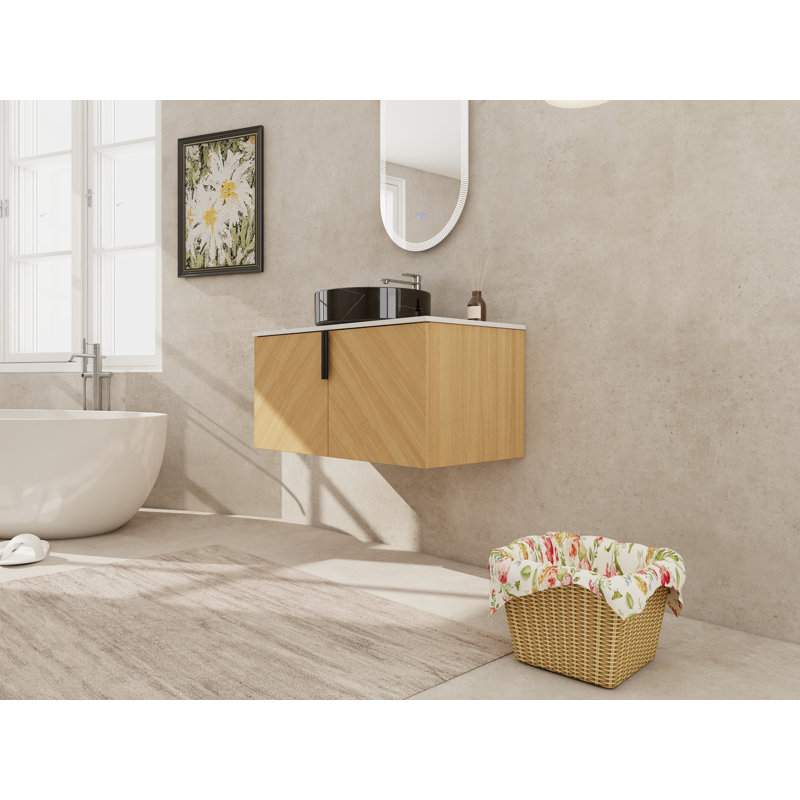 Meuble-lavabo mural 36 po avec armoire de contreplaqué écologique, vasque en céramique à motif de marbre et espace de rangement généreux (type E)