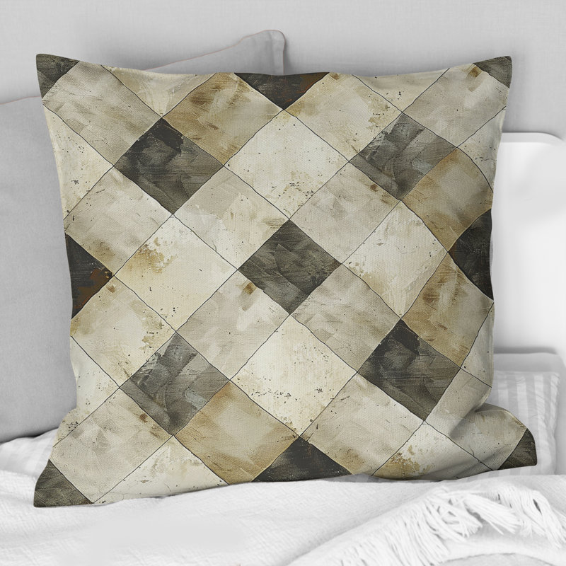 Coussin décoratif moderne beige à carreaux gris I, H 16 po x l 16 po