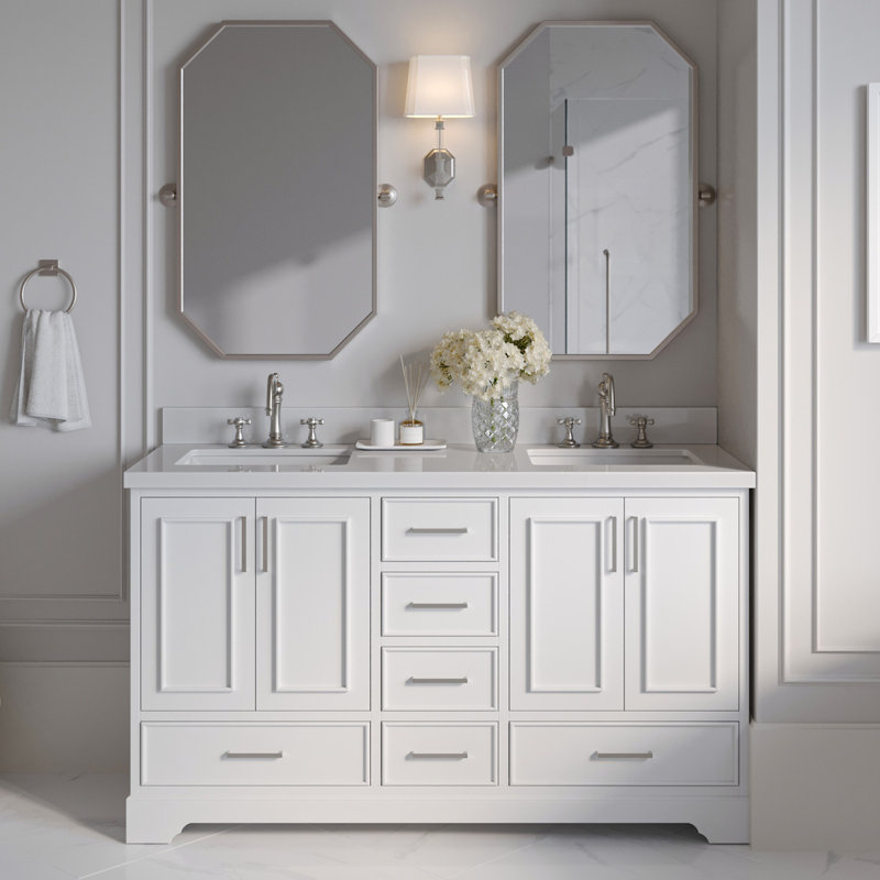 61'' Double Bathroom Vanity with White Quartz Top, White