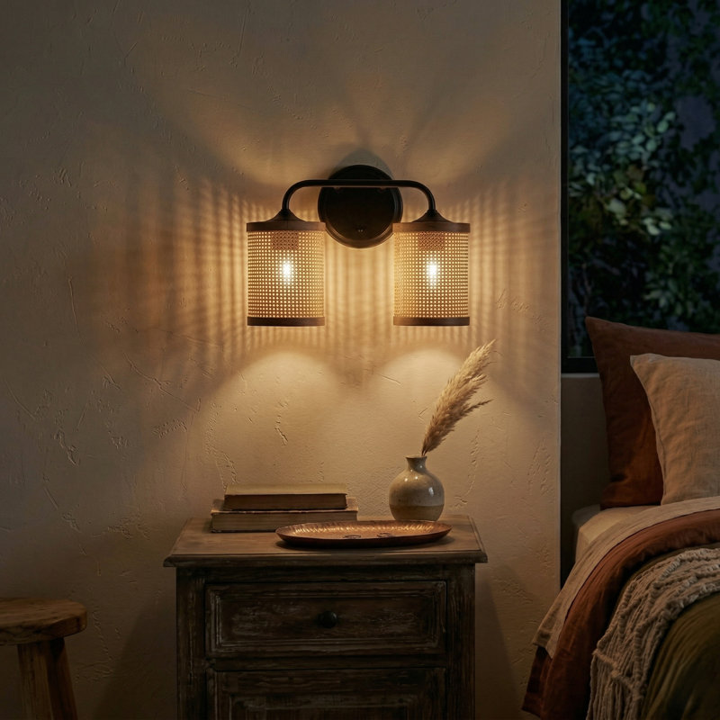 2-Light Rattan Bathroom Vanity Light, Matte Black Metal Double Wall Sconce with Cylinder Woven Rattan Shades, Farmhouse Coastal Wall Mount Light for Bathroom Bedroom Mirror
