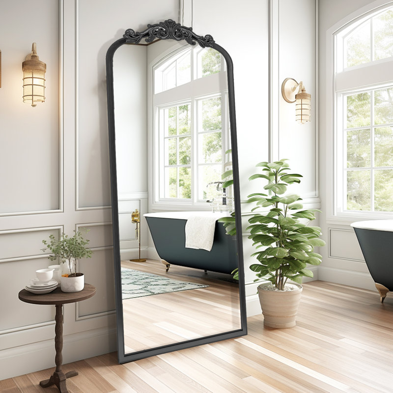 65" x 22" Arched Full Length Mirror with Ornate Vintage Crest, Floor or Wall Mounted, Black