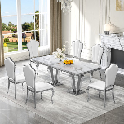 Ensemble de table de salle à manger 7 pièces avec plateau en placage de marbre et chaises en cuir PU - Mobilier de salle à manger moderne, 6 places