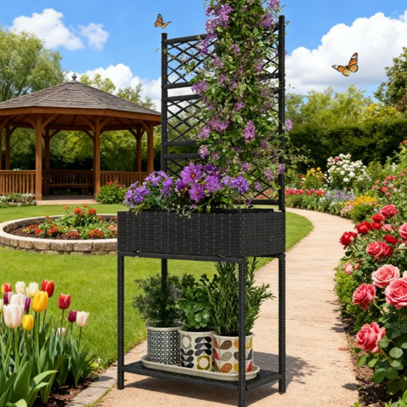 Spacieuse jardinière en rotin autoportante, jardinière extérieure en osier avec treillis pour plantes grimpantes, avec tablette de rangement