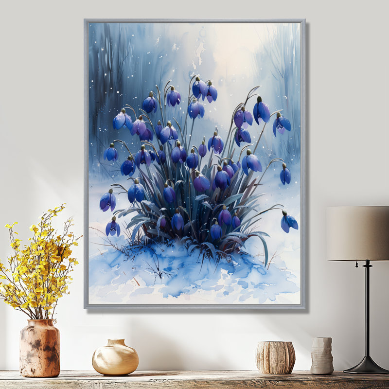Mauve, blanc, neige enneigée, hiver, gouttes de neige, fleurs, salon d'art mural, Toile argentée avec cadre flottant