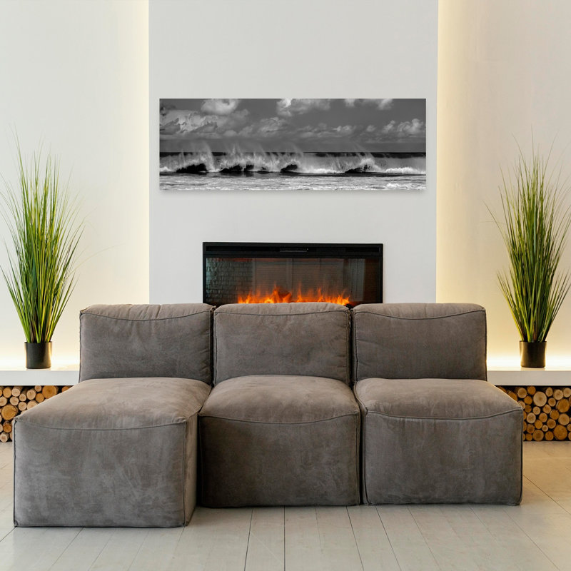 «Crashing Ocean Waves», art mural contemporain contemporain abstrait sur une plage, H 16 po x l 48 po