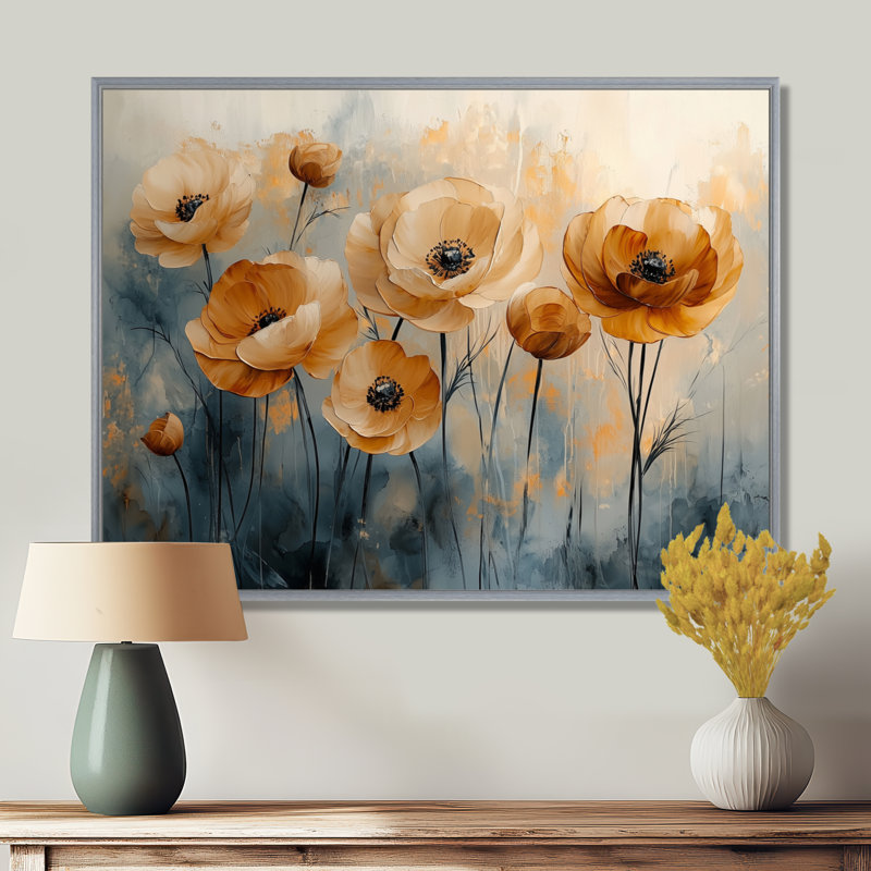 «Golden Glow», art mural encadré Renoncule, H 34 po x l 44 po, Impression encadrée flottante, Argent argent