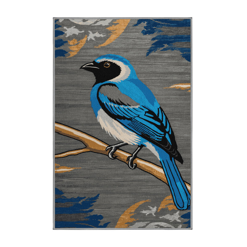  Washable Blue gray Tanager Birds Area Rug, Rectangulaire 3 pi x 5 pi