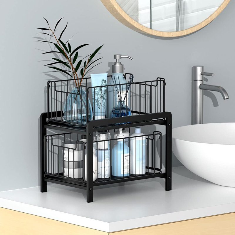 Rangement à 2 niveaux sous évier, armoire de rangement en fer avec tiroirs coulissants pour la cuisine, la salle de bain ou le bureau, noir