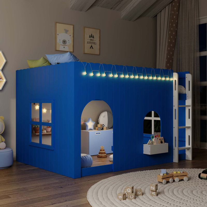 Charmant lit mezzanine pour enfants avec éclairage à DEL chaleureux et conception de maison de campagne, Bleu Klein