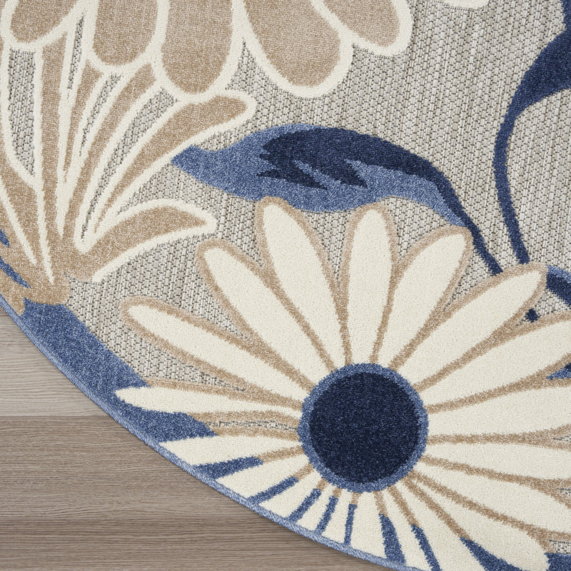 Alayia Aloha Floral Blue/Grey Indoor/Outdoor Area Rug, Round 5'3"