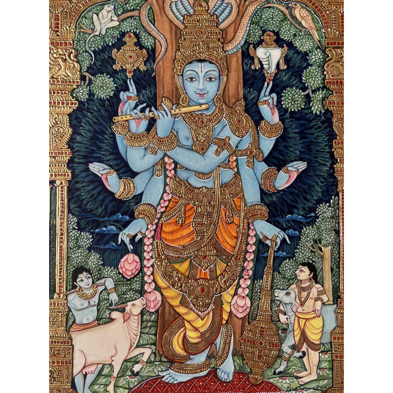Lord Vishnu avec flûte | Peinture avec cadre | Aquarelle et feuille d'or 22 carats