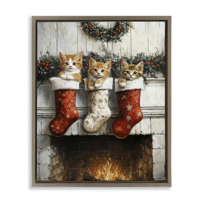 Chatons de Noël dans un cadre flottant bas, design par Arlington Prints, Cadre flottant orme Montalcino, H 21 po x l 17 po