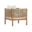 Fauteuil club d'extérieur avec structure en bois d'acacia d'aspect teck, panneaux de corde beige et coussins crème