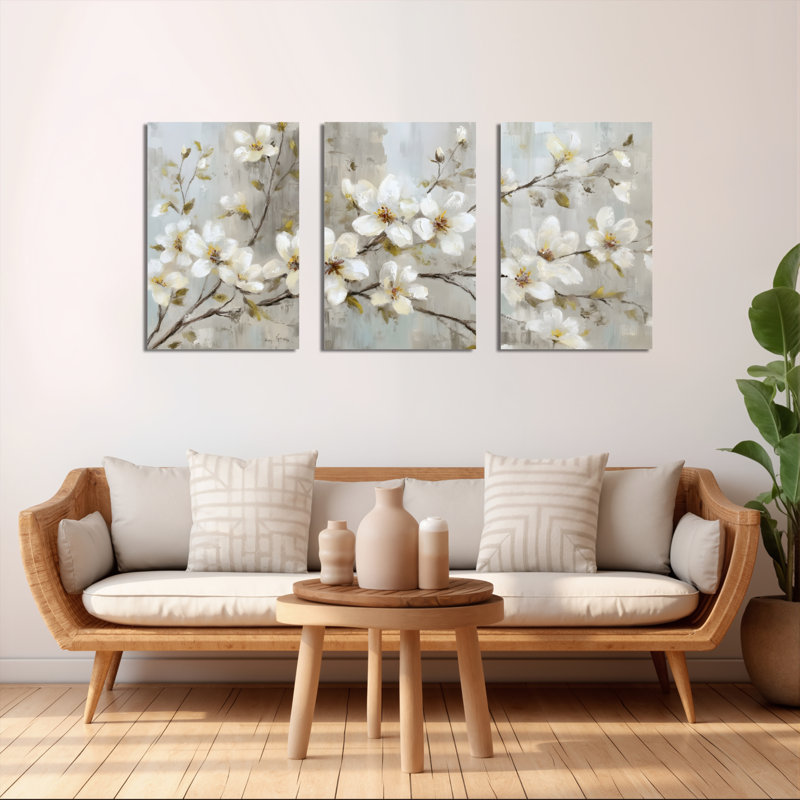 «White Floral Blossom», reproduction d'art sur toile tendue sur toile (ensemble de 3), H 30 po x l 60 po
