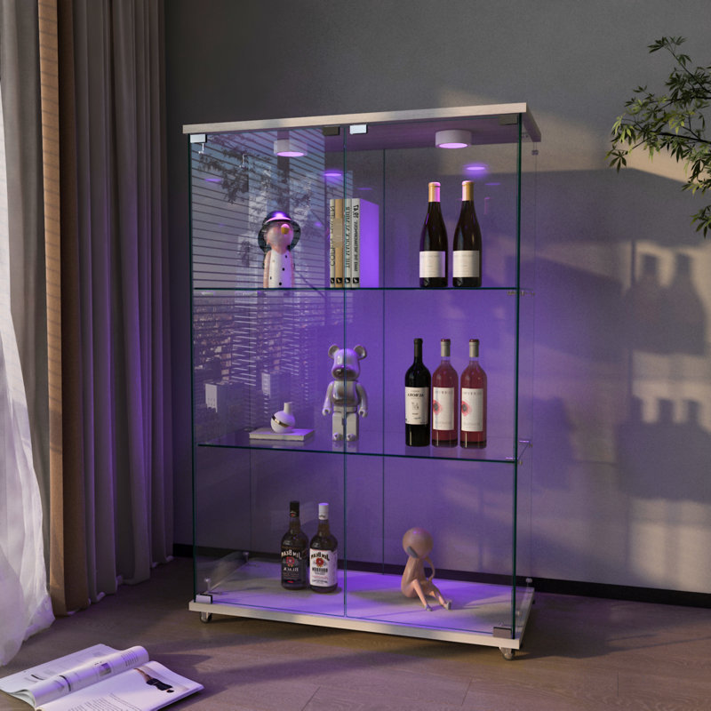 Quick - Install 2 Door 3 Shelf Glass Display With Adjustable Colours, Ideal For Displaying Models, Transparent + White Remote Controlled Colour,