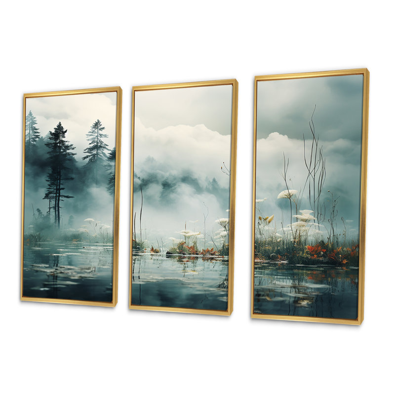 «Double Exposure Mountain Fog Paradise III - River», ensemble d'art sur toile, Cadre flottant doré