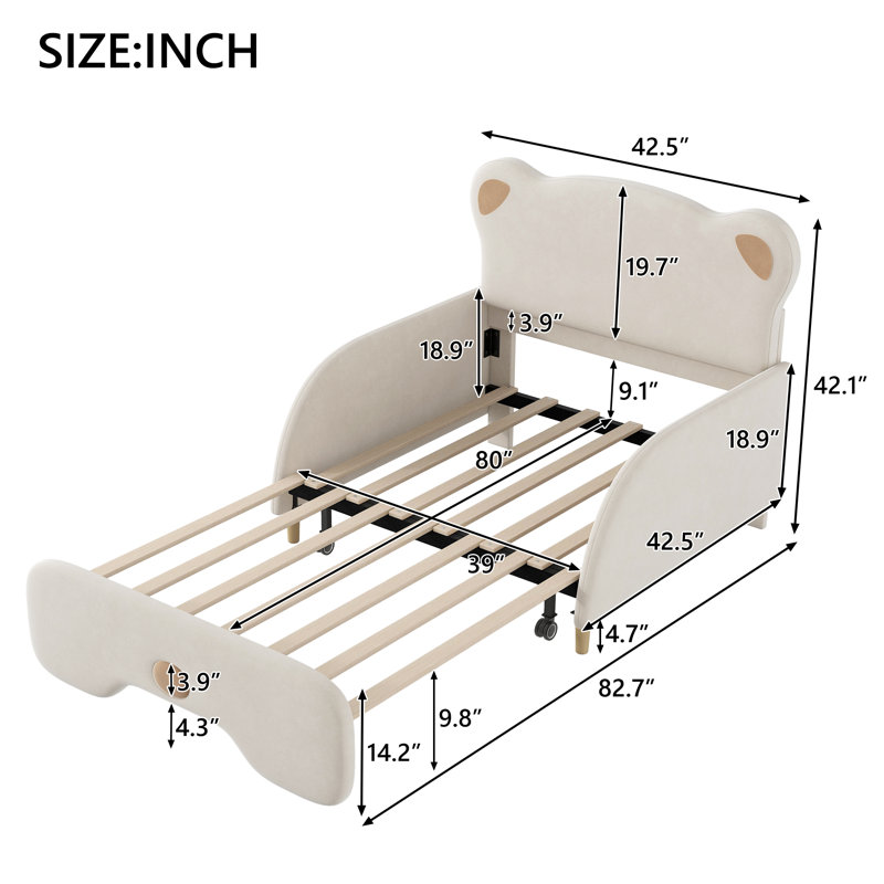 Structure de canapé-lit simple tapissier extensible de taille TG avec tête de lit en forme d'ours