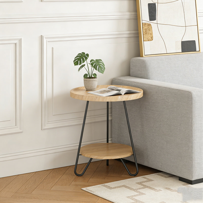 Table d'appoint à deux niveaux avec pieds en métal, Chêne
