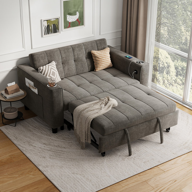 Clayton 53.8'' Upholstered Convertible Sleeper Sofa with USB Charging & Cup Holder, Lyon Gray Chenille