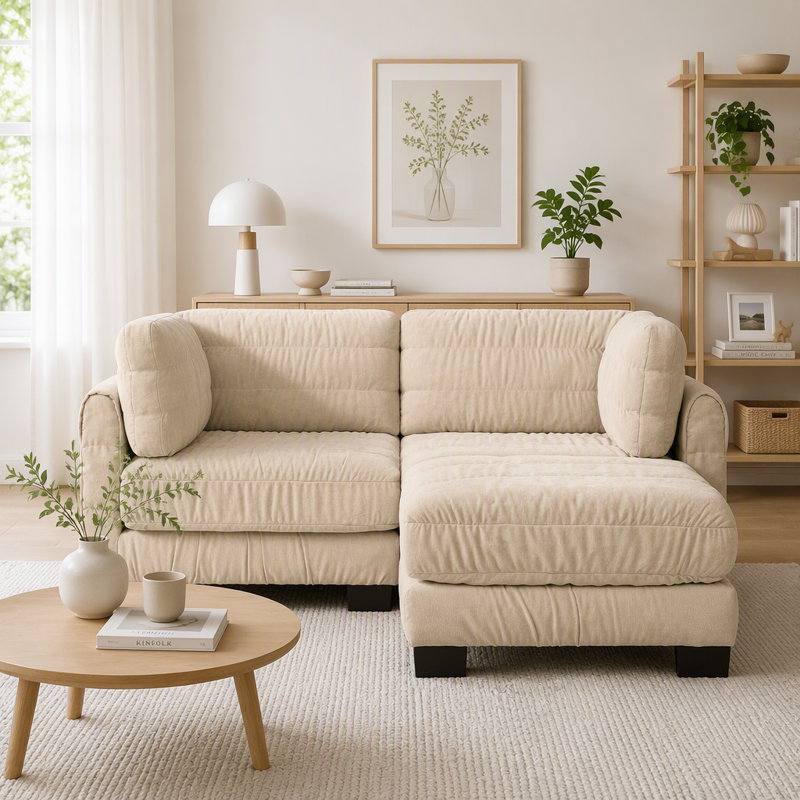 Canapé d'angle modulaire 2 places en chenille camel froncée, 183 cm (72 po) | Forme en L avec pouf amovible | Revêtement en mousse haute densité | Montage facile | Parfait pour le salon ou la chambre
