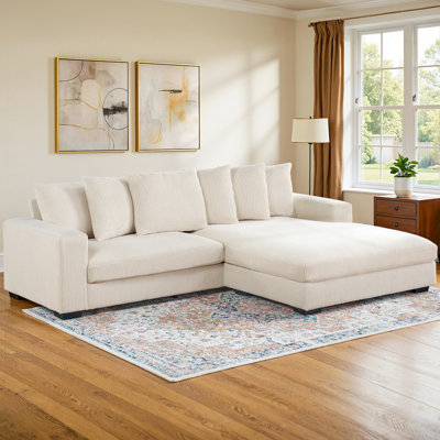 102" L-Shaped Sectional Sofa with Deep Seats and Loose Back, Oversized Beige Corduroy Sofa