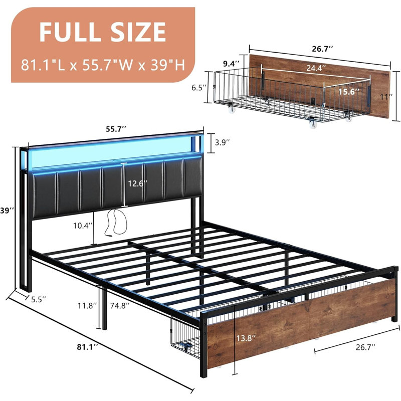 Tryston LED Bed Frame with Drawers and Charging Station, Rustic Brown, Full