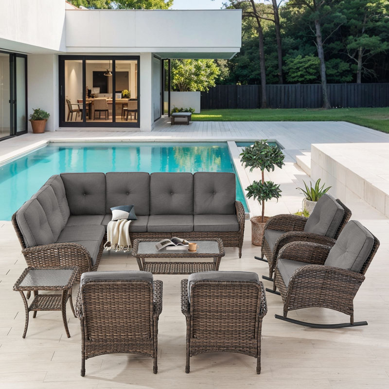 Ensemble de canapé modulaire d'extérieur en L avec chaises berçantes et table d'appoint Valierius, Beige