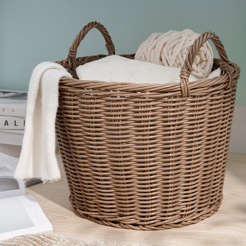 Panier rond en résine tressée avec poignées - Brun chocolat - Pour vêtements, serviettes, toile, jouets, rangement pour magazines et décoration intérieure