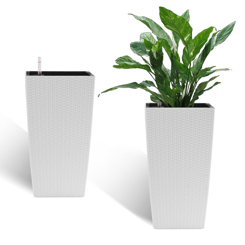 Indoor/Outdoor Modern Faux Rattan Design Square Planter, 22.6 Inch Plastic Large Planter With Automatic Watering System For Home And Garden (, 22.6 Inch - 2 Pack)