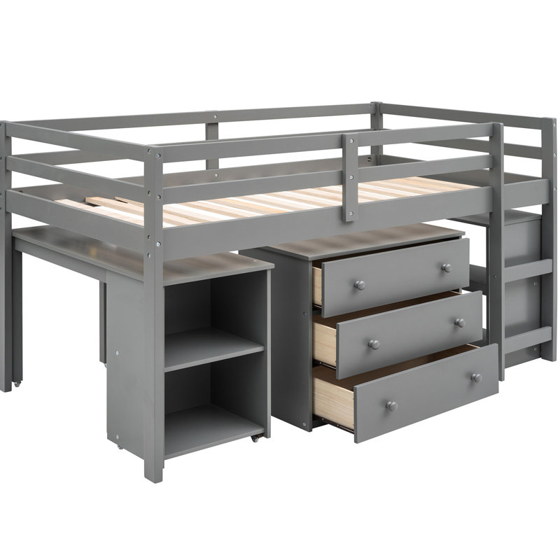 Lit mezzanine simple avec armoire et bureau à roulettes gris